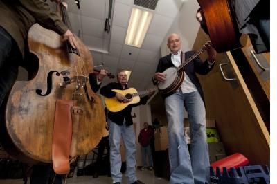 Audie Blaylock & Sammy Shelor warming up before the CD Release Party